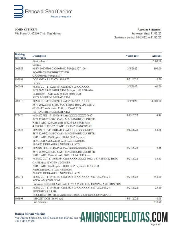 Exemplos de extrato bancário Xls do San Marino Banca Di San Marino